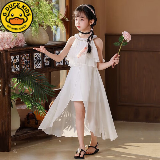 G.DUCKKIDS2025夏季新款女童雪纺裙子洋气时尚儿童气质公主裙女孩沙滩裙凉快 AD9903-白色【圆领挂脖雪纺裙】 120 【适合身高100-110的小朋友