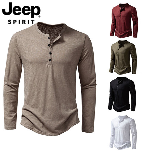 JEEP SPIRIT European and American commuter long-sleeved door tube collar T-shirt men's plus size plus size thin Henry collar T-shirt pullover bottoming shirt white S 110-140Jin Jin equals 0.5 kg