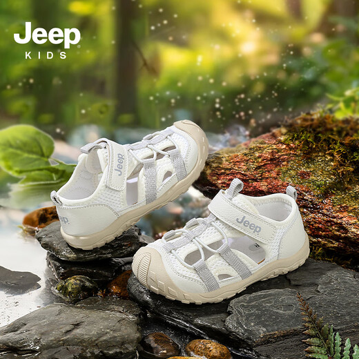 JEEP Jeep children's sandals, baby toddler shoes, toddlers' breathable mesh soft-soled shoes, ivory white/fishtail gray 23