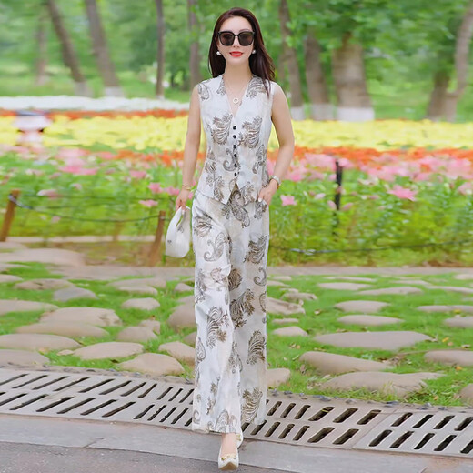 
Xin Yimei Fashion Temperament Set for Women 2025 Summer New Style Slim Sleeveless Jacket Top Wide Leg Pants Two-piece Set Cashew Flower S [Weight 80-100 Jin [Jin equals 0.5 kg]]