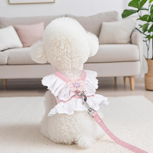 Amor's new dog leash, cute little flower skirt, breathable harness, Teddy Pomeranian pet cat, for summer outing, denim pink, Korean style, small flower harness + 1.5m rope