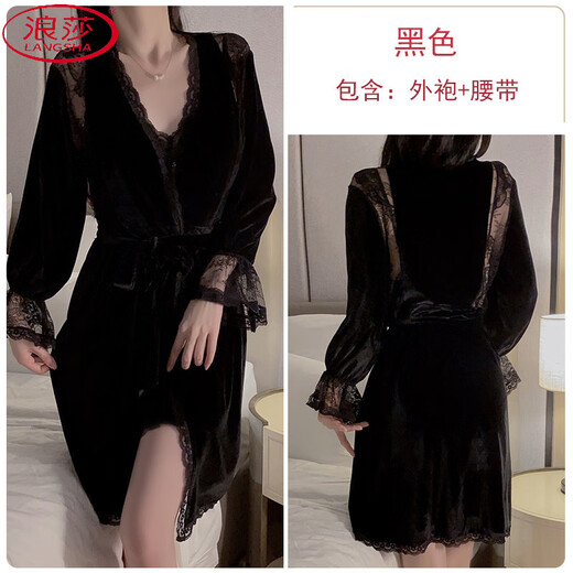 Langsha (Langsha) Модная сексуальная пижама для женщин с глубоким V Plus Bud Bad Velvet Yarn Sweet The Write The Nightgown для женщин с внешней одеждой и домашней одеждой Установка 3879 Винная инфракрасная халата + пояс + средний размер 90-130Jin [Jin равняется 0,5 кг]