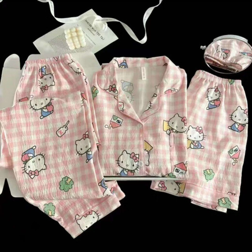 京濮飞HelloKitty短袖睡衣女春夏云朵棉三件套装家居服 云朵棉-9905#黑爱心三件套 M 【建议75-100斤】
