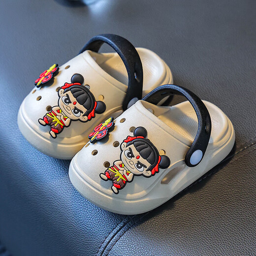 Chaussures de trou pour enfants de Nezha Slippers pour garçons en été Nouveau dessin animé Bébé intérieur sans glissement portant des chaussures d'orteil sandales kaki couleur 28 -29 taille [longueur intérieure 17cm]