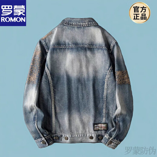 ROMON sense denim jacket men's spring and autumn popular embroidery design slim lapel jacket fashionable casual denim new product light blue 3157 L