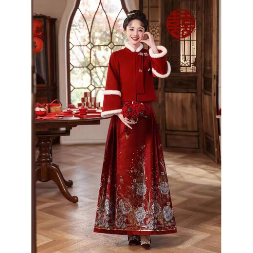Woodpecker red horse-faced skirt toasting suit bride Chinese wedding dress engagement suit women's autumn and winter new wedding dress skirt (jacket + skirt) suit XL