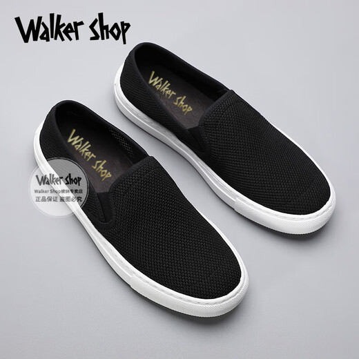 Walker Shop帆布鞋男【网面懒人一脚蹬】手工男鞋夏季透气乐福鞋潮鞋百搭板鞋 黑色 40