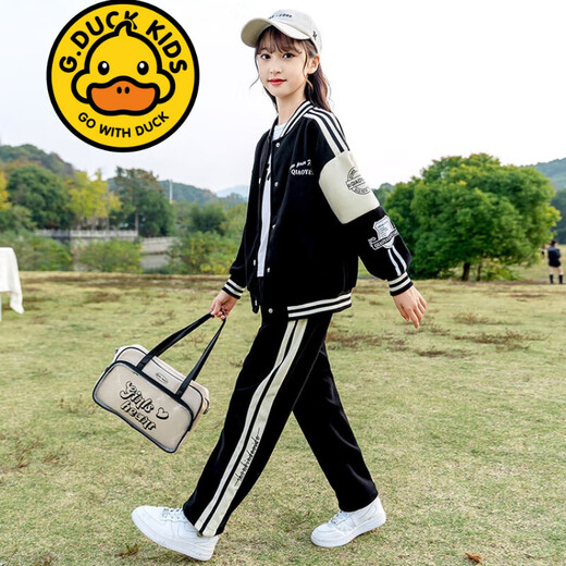 G.DUCKKIDS品牌童装女童套装春秋季儿童运动外套休闲裤子两件套洋气女孩衣服 1396H加绒加厚冬款 黑色 160
