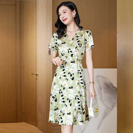 Ehangy国际高端轻奢连衣裙女装夏季2025新款收腰显瘦印花舒适桑蚕丝裙子 粉红色【高端礼盒】 L