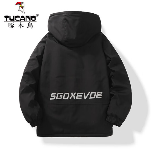 Woodpecker Plush Cotton Jacket Men's Winter 2025 New Men's Cotton Coat Featherless Thick Down Jacket Warm Cotton Jacket Men's 999 Black Plush Velvet Fashion & Warmth 2XL (Recommended 140-160 Jin Jin equals 0.5 kg)