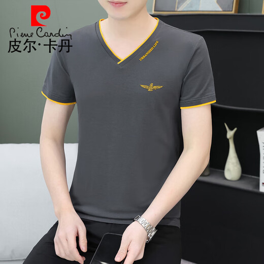 皮尔卡丹（pierre cardin）夏季男士短袖t恤纯棉v字领潮流修身半截袖青年休闲上衣服薄款汗衫 黑色 QY693 M