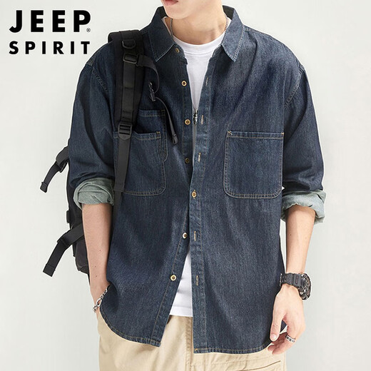 JEEP SPIRIT Jeep denim shirt men's autumn and winter American workwear retro jacket men's long-sleeved shirt men's dark blue XL