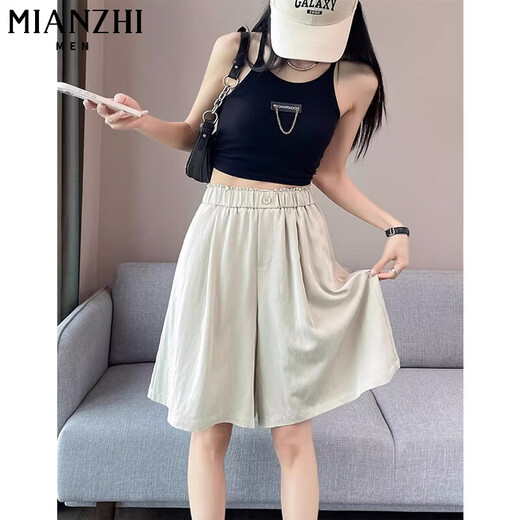 Cotton ice silk high waist wide-leg shorts for women in summer thin 2025 new loose mid-sized pants five-point pants casual pants for women 1560 salty green [high quality 18.5] 3XL 140-150Jin [Jin equals 0.5 kg]