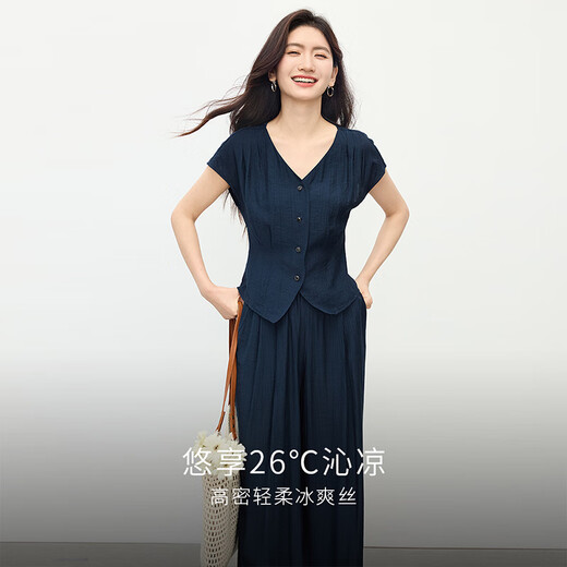 Xishi Sllsky Commuting Linen Lino V-Conta V Bandeo de patas anchas Conjunto de dos piezas 2025 Traje intelectual de verano Royal Blue L