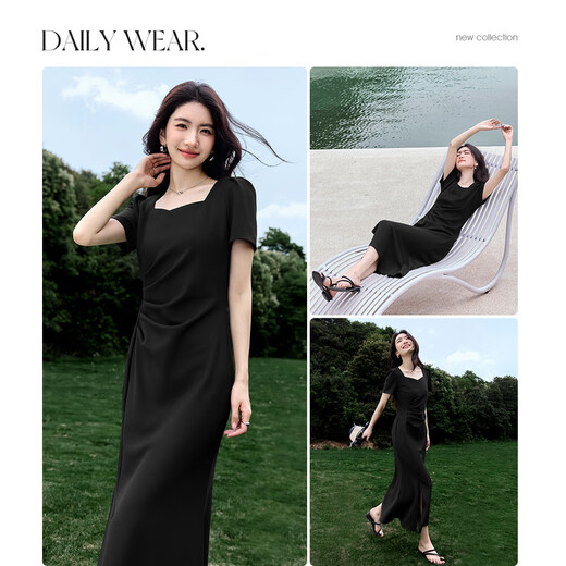 
Shangdubi La temperament square collar puff sleeve hem slit pinch pleated design dress for women in summer waist-hugging and slimming fishtail small black skirt