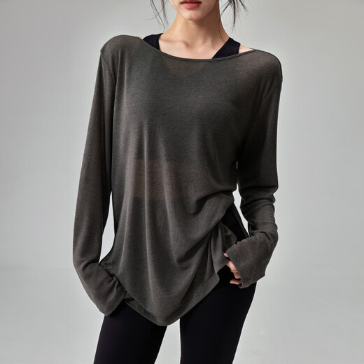 KEJIMITAO European and American ins loose thin yoga wear blouse breathable quick-drying running top round neck slimming Pilates long sleeve dark gray one size fits all (recommended 80-160Jin Jin is equal to about 0.5 kg)