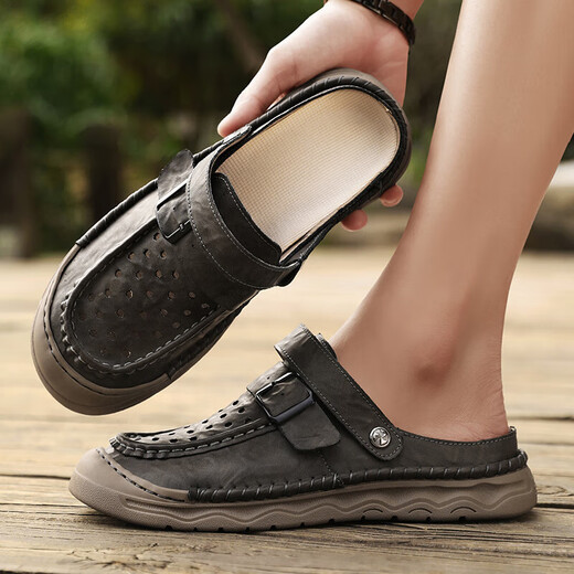Sandals pour hommes à la mode des sports extérieurs Portez des chaussures décontractées à toe-toe 2025 Nouveaux chaussures de plage pour hommes respirants Gris [cuir microfibre A673] 39