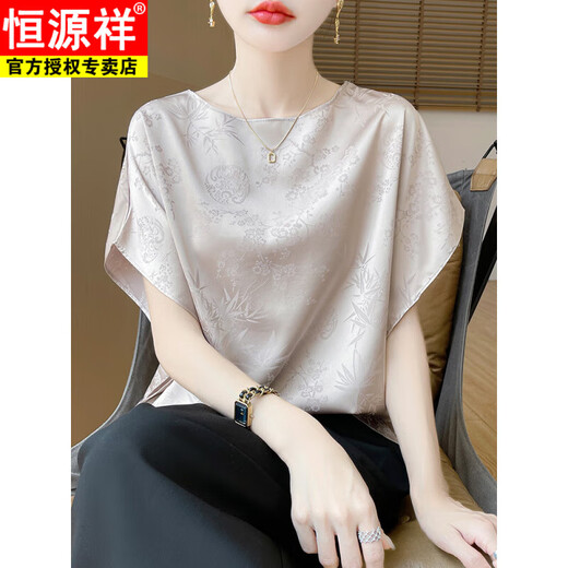 Hengyuan Xiang Xiangyun Sha Satin Kurzarm T-Shirt Damen runden Hals losen Fledermaushülseneis Ice Seiden Top Bambus Jacquard Lazy Style Hemd Champagner Farbe L (geeignet für 110-130jin [Jin gleich 0,5 kg])