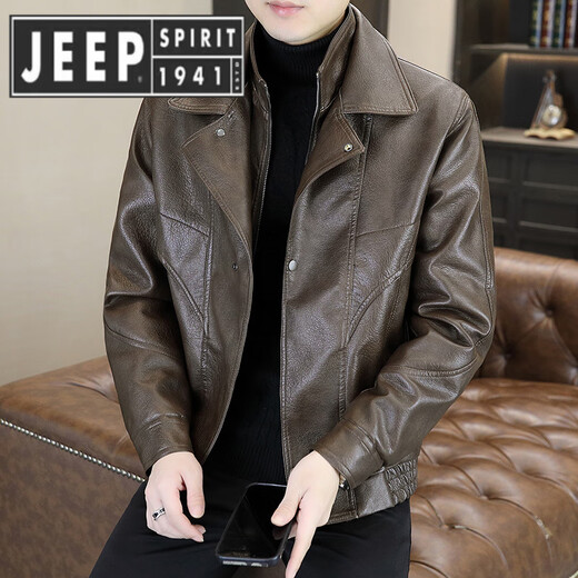 JEEP SPIRIT Jeep fake two-piece leather jacket men's fur one-piece plus velvet thickened jacket Pishuai 2025 new winter motorcycle 98815 coffee color L about 90-110 Jin Jin equals 0.5 kg can be worn