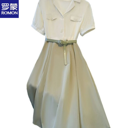 罗蒙（ROMON）假两件翻领撞色连衣裙2025新款女夏季薄款透气收腰显瘦A字中长裙 米白+艾草绿假两件 XL