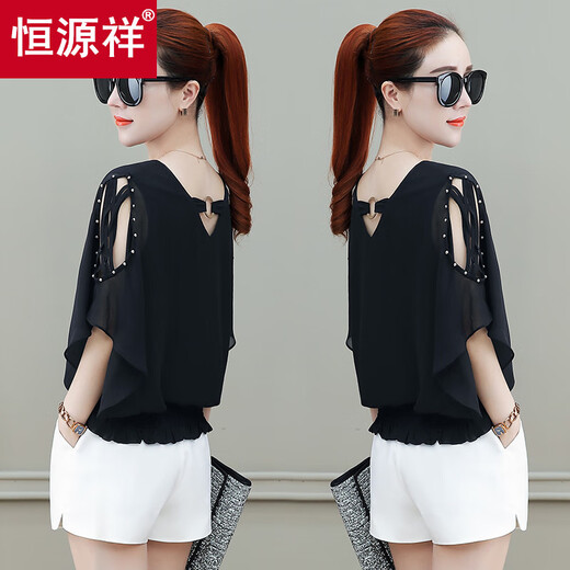 Hengyuanxiang short-sleeved chiffon shirt for women 2025 new fashionable belly-covering fashionable small shirt double v-neck bat shirt off-shoulder shirt black S (recommended 80-95 Jin [Jin equals 0.5 kg])