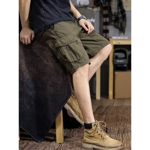 [Retro Trend] Military Green Work Suit Shorts Herren-Sommer-Shorts Mid-Pants Lose Casual Fünf-Punkte-Hose Green K8001-YT 31 [Empfohlen 120-130jin [Jin entspricht 0,5 kg]]]