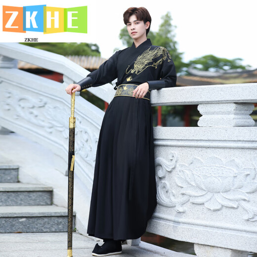 ZKHE汉服男装刺绣中国风武侠剑客帅气公子学生班服套装 897黑色渐变套装 S