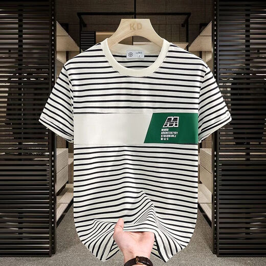 
Begiche 2025 new short-sleeved T-shirt fashionable casual trend summer striped round neck men's versatile top khaki breathable sweat-absorbing cotton 9898 M