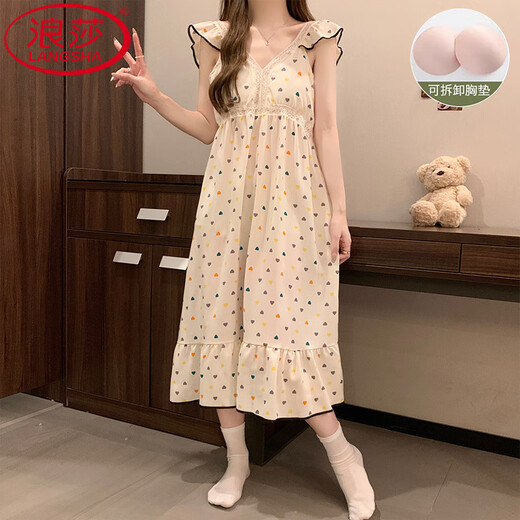 LangSha (LangSha) Princess Style Pajamas for women in summer sleeveless chest pad nightgown sexy internet celebrity girl new long skirt outside home clothes Lemon yellow 9906D with removable chest pad M 75-100Jin [Jin equals 0.5 kg]