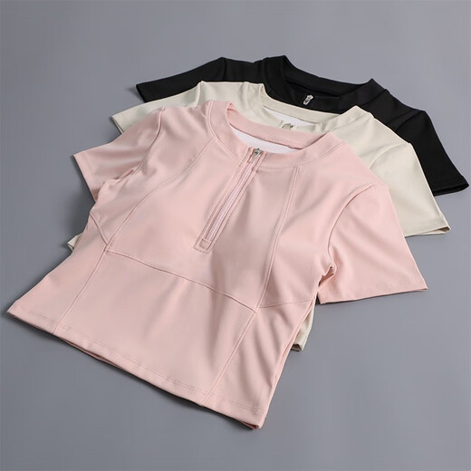 He Jiagong Yoga Wear Women's Top with Removable Breast Pad 2025 New Summer Sports Pilates Half-Zip Short-Sleeved Fitness Clothing Black S S