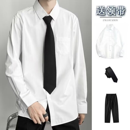 Tang Dynastie weißes langärmeliges Hemd Herrenmodete Brand Street-gebratenes trendy loses farbiges Hemd für kostenlose Krawattenpaar Outfit DK Uniform Weiß (Krawattengeschenk) XL