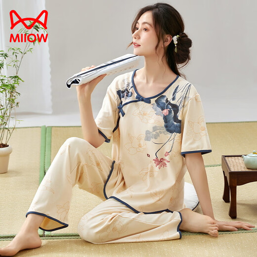 Catman (Miiow) Pajamas de manga corta para mujeres Juego para pantalones delgados de verano en el verano La nueva ropa de algodón de algodón de estilo chino se puede usar fuera de Lzy9905 m (recomendado 75-95Jin [Jin equivale a 0.5 kg])