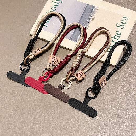 British style mobile phone lanyard braided rope mobile phone lanyard high-end light luxury wrist women's mobile phone chain mobile phone rope anti-falling goddess same style personalized contrasting color mobile phone lanyard double ring smiley face wrist rope pink green + small sling