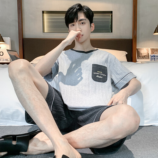 Hongdou (Hodo) pijama para hombres en verano pantalones cortos de algodón puro para juventud verano delgado de gran tamaño para ropa para al aire libre juego de ropa para el hogar HD-9930 L