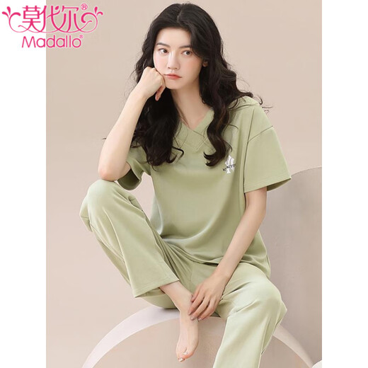 Pajama modal para mujeres Pure Cotton Spring and Summer 2025 Nuevos pantalones largos de manga corta con almohadillas para el cofre para ropa para el hogar de mujeres se pueden usar fuera del traje R679 sin almohadillas L Estilo de mujeres [100-120Jin [Jin equivale a 0.5 kg]]