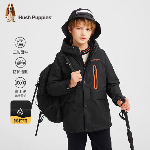 Hush Puppies children's clothing boys' three-proof plus velvet windbreaker autumn and winter children's warm outdoor thick coat diamond black 150