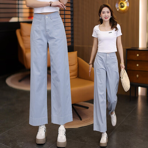 黛姿茹天丝棉阔腿休闲裤女九分2025夏季薄款小个子女裤垂感高腰直筒裤 米白色 M (27) 推荐95-105斤