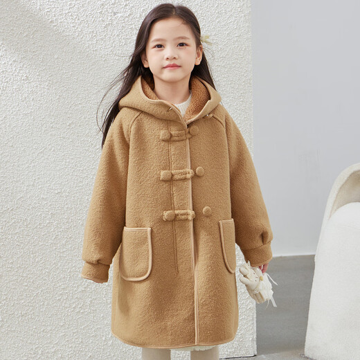 Tutu Little Elephant Girls' Jacket Autumn and Winter Mid-Length Hooded Children's Woolen Coat Khaki 120 Height About 120cm