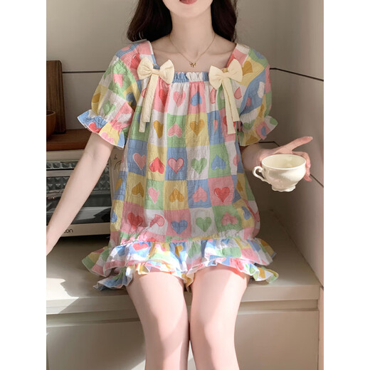 Pajama de algodón modal yunduo para mujeres en verano 2025 Nuevo estilo de princesa dulce con almohadillas en el cofre de mangas cortas shorts de ropa en el hogar 9902-4 amor [con almohadillas de cofre extraíbles] M