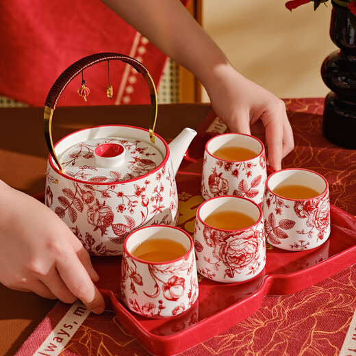 DearDali Tea Ceremony Tea Set Teapot Tea Cup Set Home Wedding Gift for Best Friend Bride and Couple Wedding Engagement Gift One Pot Six Cups White