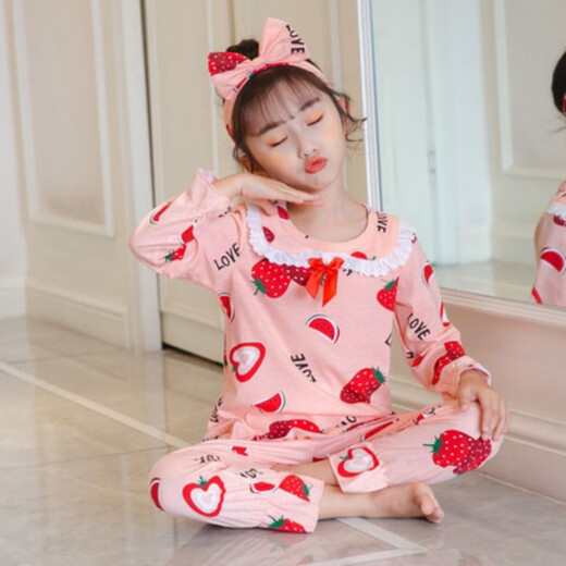酷章（KUZHANG）儿童睡衣公主春秋季长袖套装薄款纯棉宝宝小女孩女童家居服子夏 长袖套花边英文草莓 125 16码身高-13555斤左右