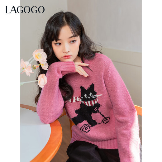 LAGOGO Naughty Cat Raspberry Pink Sweater Women Lagogu 2025 Winter New Round Neck Dopamine Sweater Pink S