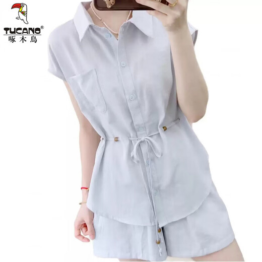 
Woodpecker Fashion Set Women's 2025 Summer Fashion Casual Korean Style Shirt Shorts Two-Piece Pants Set Sky Blue Two-Piece 2XL Recommended 121-135Jin [Jin equals 0.5 kg]