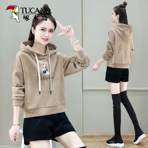Woodpecker double-sided gold velvet sweatshirt for women in autumn and winter new loose plush thickened short jacket fashionable top pink_[added plush thickened] S_suggested [80-95Jin[Jin equals 0.5 kg]]