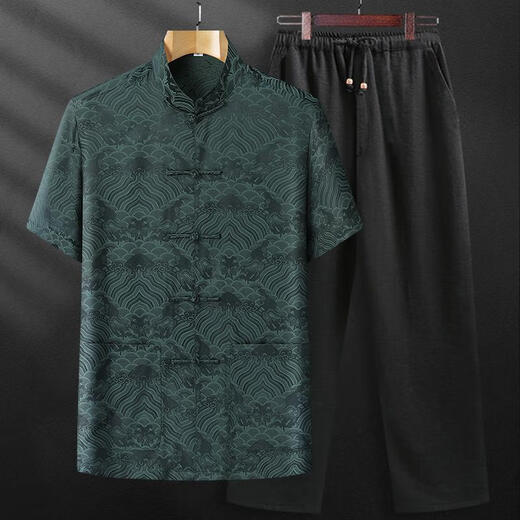 
SMVP Tang suit summer mulberry silk men's suit silk middle-aged and elderly short-sleeved thin shirt cotton dad summer suit grandpa China gray-blue top average size 3890-100Jin [Jin equals 0.5 kg]