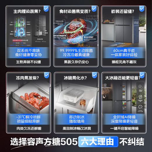Rongsheng Refrigerator Cube 505L Cross Door Refrigerator Four Door Dual System Ultra-Thin Embedded Refrigerator Level 1 Energy Efficiency National Subsidy World Cup BCD-505P60CZMAD Gray Cube 505 Dual System丨IDP Active Sterilization