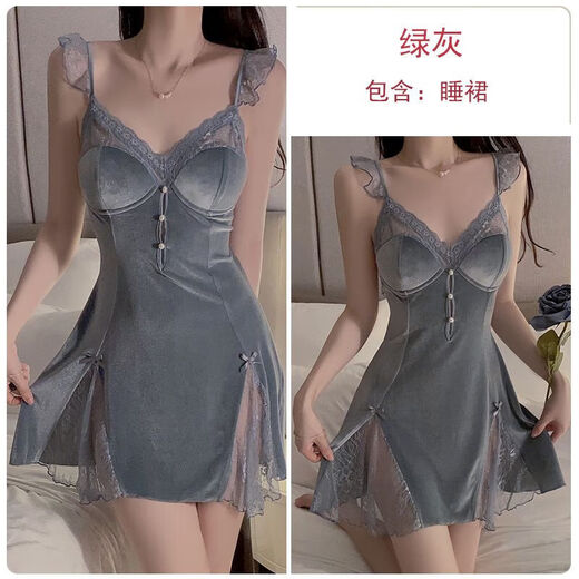 画枕眠（HUAZHENMIAN）连衣裙瑰若感蕾丝透视深V加垫甜美惑睡裙外袍丝绒家居服装3908 3879黑色（外袍+腰带）+睡裙 M