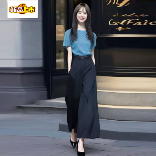初径时尚套装女夏季新款时髦洋气短袖恤高腰阔腿裤气质两件套潮 蓝色上衣+黑色裤子(套装) S (80-100斤)