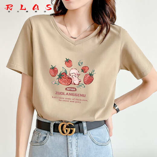 RLAS卡其色t恤女2025新款夏季短袖纯棉正肩体恤设计感兔子v领显瘦上衣 卡其色 723 M