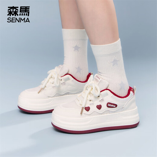森馬小白鞋女鞋面包鞋2025新款夏季网面透气户外运动鞋增高百搭休闲鞋 米紫色 36